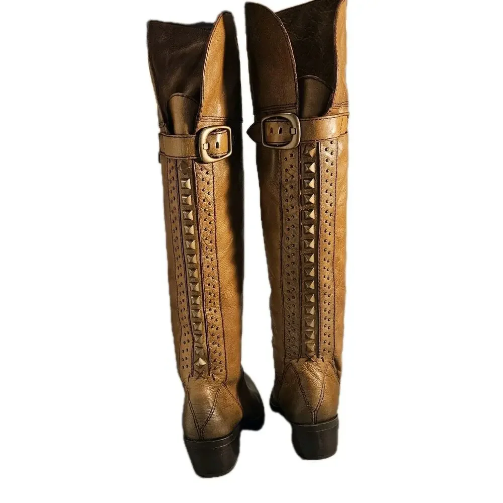 Vince Camuto Women Sz 5.5 M Over-the -knee BOLLO Moto -Boot Studs, Zip, Brown